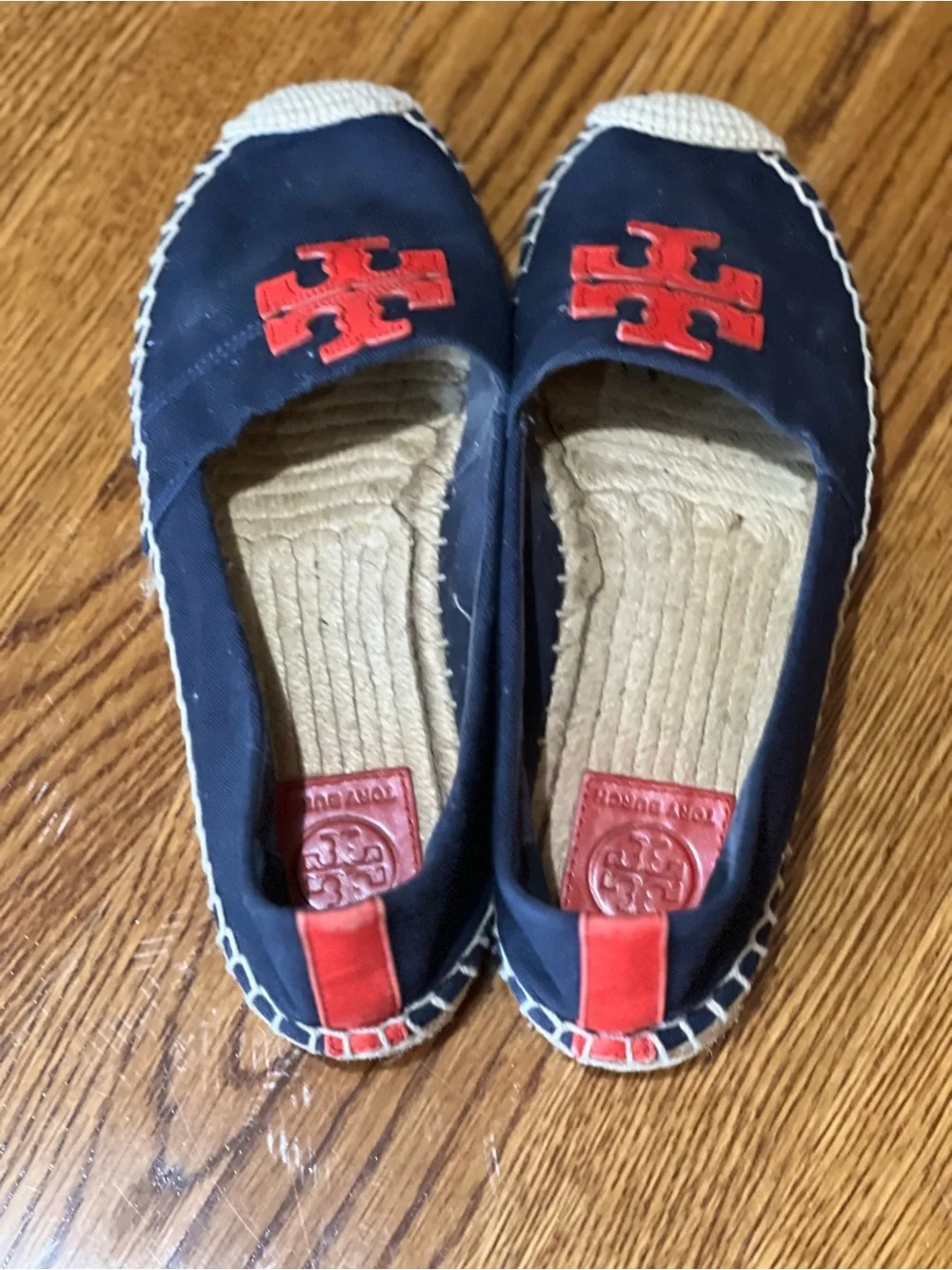 Tory Burch Weston Flat Espadrille Navy Canvas Red Logo Slip On Shoes